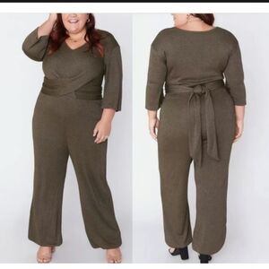 Soncy Women's Olive Metallic Stretchy Heavy Knit Wrap Waist Jumpsuit Sz 12 NWT